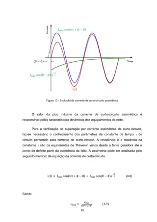 Figura 10 - Evolução da corrente de curto-circuito assimétrica




        O valor do pico máximo da corrente de curto-circuito assimétrica é
responsável pelas características dinâmicas dos equipamentos da rede.

        Para a verificação da superação por corrente assimétrica de curto-circuito,
faz-se necessário o conhecimento dos parâmetros da constante de tempo τ do
circuito percorrido pela corrente de curto-circuito. A resistência e a reatância da
constante τ são os equivalentes de Thévenin vistos desde a fonte geradora até o
ponto de defeito partir da ocorrência da falta. A assimetria pode ser analisada pelo
segundo membro da equação da corrente de curto-circuito.




                                                                                  (3.8)




Sendo


                                                                 (3.9)

                                              39
 