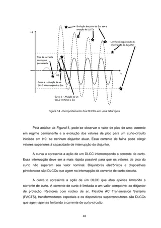 Figura 14 - Comportamento dos DLCCs em uma falta típica




      Pela análise da Figura14, pode-se observar o valor de pico de uma corrente
em regime permanente e a evolução dos valores de pico para um curto-circuito
iniciado em t=0, se nenhum disjuntor atuar. Essa corrente de falha pode atingir
valores superiores à capacidade de interrupção do disjuntor.

      A curva a apresenta a ação de um DLCC interrompendo a corrente de curto.
Essa interrupção deve ser a mais rápida possível para que os valores de pico do
curto não superem seu valor nominal. Disjuntores eletrônicos e dispositivos
pirotécnicos são DLCCs que agem na interrupção da corrente de curto-circuito.

      A curva b apresenta a ação de um DLCC que atua apenas limitando a
corrente de curto. A corrente de curto é limitada a um valor compatível ao disjuntor
de proteção. Reatores com núcleo de ar, Flexible AC Transmission Systems
(FACTS), transformadores especiais e os dispositivos supercondutores são DLCCs
que agem apenas limitando a corrente de curto-circuito.



                                           48
 