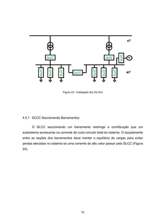 Figura 23 - Instalação dos DLCCs




4.5.1 DLCC Seccionando Barramentos

       O DLCC seccionando um barramento restringe a contribuição que um
subsistema acrescenta na corrente de curto-circuito total do sistema. O acoplamento
entre as seções dos barramentos deve manter o equilíbrio de cargas para evitar
perdas elevadas no sistema se uma corrente de alto valor passar pelo DLCC (Figura
24).




                                         59
 