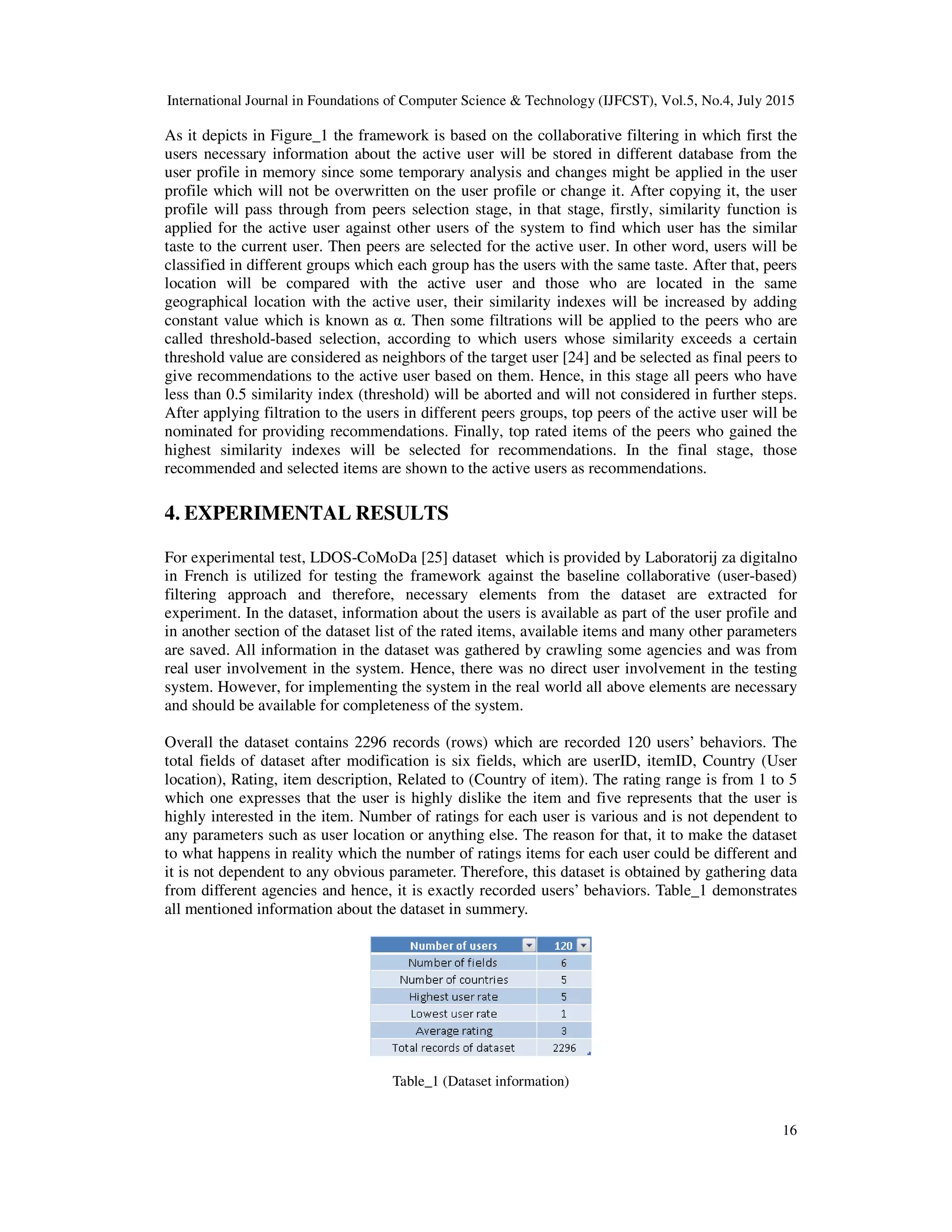 International Journal in Foundations of Computer Science & Technology (IJFCST), Vol.5, No.4, July 2015
16
As it depicts in Figure_1 the framework is based on the collaborative filtering in which first the
users necessary information about the active user will be stored in different database from the
user profile in memory since some temporary analysis and changes might be applied in the user
profile which will not be overwritten on the user profile or change it. After copying it, the user
profile will pass through from peers selection stage, in that stage, firstly, similarity function is
applied for the active user against other users of the system to find which user has the similar
taste to the current user. Then peers are selected for the active user. In other word, users will be
classified in different groups which each group has the users with the same taste. After that, peers
location will be compared with the active user and those who are located in the same
geographical location with the active user, their similarity indexes will be increased by adding
constant value which is known as α. Then some filtrations will be applied to the peers who are
called threshold-based selection, according to which users whose similarity exceeds a certain
threshold value are considered as neighbors of the target user [24] and be selected as final peers to
give recommendations to the active user based on them. Hence, in this stage all peers who have
less than 0.5 similarity index (threshold) will be aborted and will not considered in further steps.
After applying filtration to the users in different peers groups, top peers of the active user will be
nominated for providing recommendations. Finally, top rated items of the peers who gained the
highest similarity indexes will be selected for recommendations. In the final stage, those
recommended and selected items are shown to the active users as recommendations.
4. EXPERIMENTAL RESULTS
For experimental test, LDOS-CoMoDa [25] dataset which is provided by Laboratorij za digitalno
in French is utilized for testing the framework against the baseline collaborative (user-based)
filtering approach and therefore, necessary elements from the dataset are extracted for
experiment. In the dataset, information about the users is available as part of the user profile and
in another section of the dataset list of the rated items, available items and many other parameters
are saved. All information in the dataset was gathered by crawling some agencies and was from
real user involvement in the system. Hence, there was no direct user involvement in the testing
system. However, for implementing the system in the real world all above elements are necessary
and should be available for completeness of the system.
Overall the dataset contains 2296 records (rows) which are recorded 120 users’ behaviors. The
total fields of dataset after modification is six fields, which are userID, itemID, Country (User
location), Rating, item description, Related to (Country of item). The rating range is from 1 to 5
which one expresses that the user is highly dislike the item and five represents that the user is
highly interested in the item. Number of ratings for each user is various and is not dependent to
any parameters such as user location or anything else. The reason for that, it to make the dataset
to what happens in reality which the number of ratings items for each user could be different and
it is not dependent to any obvious parameter. Therefore, this dataset is obtained by gathering data
from different agencies and hence, it is exactly recorded users’ behaviors. Table_1 demonstrates
all mentioned information about the dataset in summery.
Table_1 (Dataset information)
 