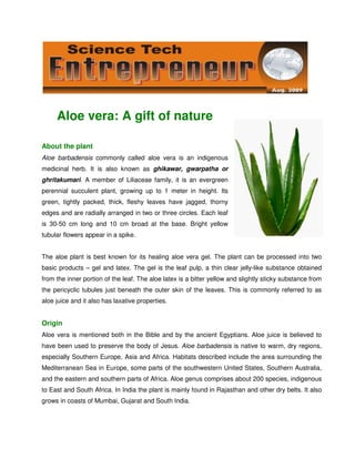 Aloe vera: A gift of nature

About the plant
Aloe barbadensis commonly called aloe vera is an indigenous
medicinal herb. It is also known as ghikawar, gwarpatha or
ghritakumari. A member of Liliaceae family, it is an evergreen
perennial succulent plant, growing up to 1 meter in height. Its
green, tightly packed, thick, fleshy leaves have jagged, thorny
edges and are radially arranged in two or three circles. Each leaf
is 30-50 cm long and 10 cm broad at the base. Bright yellow
tubular flowers appear in a spike.


The aloe plant is best known for its healing aloe vera gel. The plant can be processed into two
basic products – gel and latex. The gel is the leaf pulp, a thin clear jelly-like substance obtained
from the inner portion of the leaf. The aloe latex is a bitter yellow and slightly sticky substance from
the pericyclic tubules just beneath the outer skin of the leaves. This is commonly referred to as
aloe juice and it also has laxative properties.


Origin
Aloe vera is mentioned both in the Bible and by the ancient Egyptians. Aloe juice is believed to
have been used to preserve the body of Jesus. Aloe barbadensis is native to warm, dry regions,
especially Southern Europe, Asia and Africa. Habitats described include the area surrounding the
Mediterranean Sea in Europe, some parts of the southwestern United States, Southern Australia,
and the eastern and southern parts of Africa. Aloe genus comprises about 200 species, indigenous
to East and South Africa. In India the plant is mainly found in Rajasthan and other dry belts. It also
grows in coasts of Mumbai, Gujarat and South India.
 