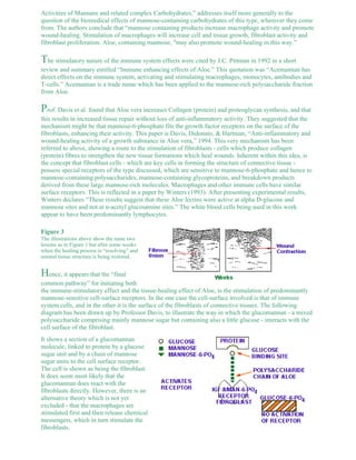 Activities of Mannans and related complex Carbohydrates,” addresses itself more generally to the 
question of the biomedical effects of mannose-containing carbohydrates of this type, wherever they come 
from. The authors conclude that “mannose containing products increase macrophage activity and promote 
wound-healing. Stimulation of macrophages will increase cell and tissue growth, fibroblast activity and 
fibroblast proliferation. Aloe, containing mannose, "may also promote wound-healing in this way.” 
The stimulatory nature of the immune system effects were cited by J.C. Pittman in 1992 in a short 
review and summary entitled “Immune enhancing effects of Aloe.” This quotation was “Acemannan has 
direct effects on the immune system, activating and stimulating macrophages, monocytes, antibodies and 
T-cells.” Acemannan is a trade name which has been applied to the mannose-rich polysaccharide fraction 
from Aloe. 
Prof. Davis et al. found that Aloe vera increases Collagen (protein) and proteoglycan synthesis, and that 
this results in increased tissue repair without loss of anti-inflammatory activity. They suggested that the 
mechanism might be that mannose-6-phosphate fits the growth factor receptors on the surface of the 
fibroblasts, enhancing their activity. This paper is Davis, Didonato, & Hartman, “Anti-inflammatory and 
wound-healing activity of a growth substance in Aloe vera,” 1994. This very mechanism has been 
referred to above, showing a route to the stimulation of fibroblasts - cells which produce collagen 
(protein) fibres to strengthen the new tissue formations which heal wounds. Inherent within this idea, is 
the concept that fibroblast cells - which are key cells in forming the structure of connective tissue - 
possess special receptors of the type discussed, which are sensitive to mannose-6-phosphate and hence to 
mannose-containing polysaccharides, mannose-containing glycoproteins, and breakdown products 
derived from these large mannose-rich molecules. Macrophages and other immune cells have similar 
surface receptors. This is reflected in a paper by Winters (1993). After presenting experimental results, 
Winters declares “These results suggest that these Aloe lectins were active at alpha D-glucose and 
mannose sites and not at n-acetyl glucosamine sites.” The white blood cells being used in this work 
appear to have been predominantly lymphocytes. 
Figure 3 
The illustrations above show the same two 
lesions as in Figure 1 but after some weeks 
when the healing process is “resolving” and 
normal tissue structure is being restored. 
Hence, it appears that the “final 
common pathway” for initiating both 
the immune-stimulatory effect and the tissue-healing effect of Aloe, is the stimulation of predominantly 
mannose-sensitive cell-surface receptors. In the one case the cell-surface involved is that of immune 
system cells, and in the other it is the surface of the fibroblasts of connective tissues. The following 
diagram has been drawn up by Professor Davis, to illustrate the way in which the glucomannan - a mixed 
polysaccharide comprising mainly mannose sugar but containing also a little glucose - interacts with the 
cell surface of the fibroblast. 
It shows a section of a glucomannan 
molecule, linked to protein by a glucose 
sugar unit and by a chain of mannose 
sugar units to the cell surface receptor. 
The cell is shown as being the fibroblast. 
It does seem most likely that the 
glucomannan does react with the 
fibroblasts directly. However, there is an 
alternative theory which is not yet 
excluded - that the macrophages are 
stimulated first and then release chemical 
messengers, which in turn stimulate the 
fibroblasts. 
 