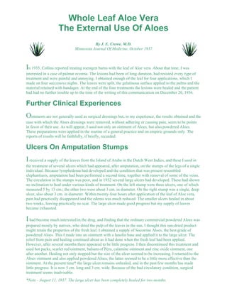 Whole Leaf Aloe Vera 
The External Use Of Aloes 
By J. E. Crewe, M.D. 
Minnesota Journal Of Medicine, October 1937 
In 1935, Collins reported treating roentgen burns with the leaf of Aloe vera. About that time, I was 
interested in a case of palmar eczema. The lesions had been of long duration, had resisted every type of 
treatment and were painful and annoying. I obtained enough of the leaf for four applications, which I 
made on four successive nights. The leaves were split, the gelatinous surface applied to the palms and the 
material retained with bandages. At the end of the four treatments the lesions were healed and the patient 
had had no further trouble up to the time of the writing of this communication on December 20, 1936. 
Further Clinical Experiences 
Ointments are not generally used as surgical dressings but, in my experience, the results obtained and the 
ease with which the Aloes dressings were removed, without adhering or causing pain, seem to be points 
in favor of their use. As will appear, I used not only an ointment of Aloes, but also powdered Aloes. 
These preparations were applied in the routine of a general practice and on empiric grounds only. The 
reports of results will be faithfully, if briefly, recorded. 
Ulcers On Amputation Stumps 
I received a supply of the leaves from the Island of Aruba in the Dutch West Indies, and these I used in 
the treatment of several ulcers which had appeared, after amputation, on the stumps of the legs of a single 
individual. Because lymphedema had developed and the condition that was present resembled 
elephantiasis, amputation had been performed a second time, together with removal of some of the veins. 
The circulation in the stumps was poor, and in 1932 several large ulcers had developed. These had shown 
no inclination to heal under various kinds of treatment. On the left stump were three ulcers, one of which 
measured 5 by 13 cm.; the other two were about 3 cm. in diameter. On the right stump was a single, deep 
ulcer, also about 3 cm. in diameter. Within twenty-four hours after application of the leaf of Aloe vera, 
pain had practically disappeared and the edema was much reduced. The smaller ulcers healed in about 
two weeks, leaving practically no scar. The large ulcer made good progress but my supply of leaves 
became exhausted. 
I had become much interested in the drug, and finding that the ordinary commercial powdered Aloes was 
prepared mostly by natives, who dried the pulp of the leaves in the sun, I thought this sun-dried product 
might retain the properties of the fresh leaf. I obtained a supply of Socotrine Aloes, the best grade of 
powdered Aloes. This I made into an ointment with a lanolin base and applied it to the large ulcer. The 
relief from pain and healing continued about as it had done when the fresh leaf had been applied. 
However, after several months there appeared to be little progress. I then discontinued this treatment and 
used hot packs, scarlet red ointment, balsam of Peru, calamine ointment and zinc oxide ointment, one 
after another. Healing not only stopped but the size of the ulcer seemed to be increasing. I returned to the 
Aloes ointment and also applied powdered Aloes; the latter seemed to be a little more effective than the 
ointment. At the present time* the large ulcer remains unhealed, and in the past few months has made 
little progress. It is now 5 cm. long and 3 cm. wide. Because of the bad circulatory condition, surgical 
treatment seems inadvisable. 
*Note - August 11, 1937. The large ulcer has been completely healed for two months. 
 