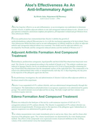 Aloe's Effectiveness As An 
Anti-Inflammatory Agent 
By Hiroko Saito, Department Of Pharmacy 
Aichi Cancer Center - 1993 
Aloe has long bee effective as an anti-inflammatory, so an investigation was undertaken to determine 
whether Aloctin A inhibits adjuvant arthritis in rats and carrageenin induced edema in rats. Aloctin A is a 
glycoprotein isolated by ammonium sulphate precipitation, pH dependant isolated and gel filtration from 
Aloe arborescens Miller. 
Previous publications have demonstrated that Aloctin A inhibits the growth of 
methylcholanthrene-induced fibrosarcoma in vivo with the mechanism appearing to be host related. Since 
Aloe arborescens Miller has been used as an anti-inflammatory in folklore medicine its effect on adjuvant 
arthritis and carrageenin-induced edema was examined. The model used for adjuvant arthritis was 
developed by Newbould, and the carrageenin-induced edema used the method of Winters et al.1, 2 
Adjuvant Arthritis Formation And Compound 
Treatment 
Indomethacin, prednisolone carrageenin, liquid paraffin and heat killed Mycobacterium butyricum were 
used. The Aloctin A was prepared according to the method of Suzuki et al.3 The arthritic syndrome was 
induced in Sprague Dawley rats by an intradermal injection of 0.10 ml of liquid paraffin containing 0.6 
mg of heat killed Mycobacterium into the interplantar surface of the right hind foot. The compounds to be 
tested were administrated either orally or intraperitoneally each day for 15 days beginning one day prior 
to the injection of the phlogistic agent into the foot. 
In the preliminary investigation, the oral administration of Aloctin A did not affect adjuvant arthritis at 
the doses tested in this experiment. 
Aloctin A was suspended in 0.9% sodium chloride, and was administered intraperitoneally through this 
investigation. The Indomethacin and prednisolone in an aqueous suspension were administered by gastric 
gavage. The control animals received adjuvant but no drug. The body weight and foot volumes were 
recorded at regular intervals. 
Edema Formation And Compound Treatment 
Edema was induced in the hind paw of the rats by a sub-cutaneous injection of 0.05 ml of 1% 
carrageenin solution in 0.9% sodium chloride. The Aloctin A suspended in 0.9% sodium chloride was 
administered intraperitoneally 30 minutes prior to the injection of the phlogistic agent. Indomethacin in 
aqueous suspension was administered by gastric gavage. 
The volume measurements were made immediately prior to and at one, three, four, and five hours after 
injection of the phlogistic agent. The volume measurement was determined by the water displacement 
method. The effects of the compounds were expressed in terms of percent inhibition in the swelling 
volume of the control animal versus the treated animals. 
 