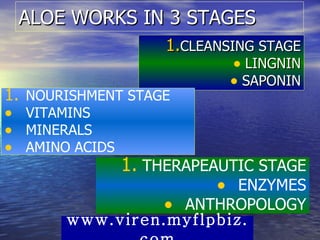 ALOE WORKS IN 3 STAGES CLEANSING STAGE LINGNIN SAPONIN NOURISHMENT STAGE VITAMINS MINERALS AMINO ACIDS THERAPEAUTIC STAGE ENZYMES ANTHROPOLOGY www.viren.myflpbiz.com 