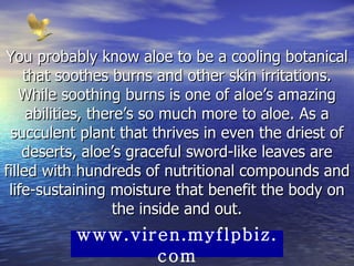 You probably know aloe to be a cooling botanical that soothes burns and other skin irritations. While soothing burns is one of aloe’s amazing abilities, there’s so much more to aloe. As a succulent plant that thrives in even the driest of deserts, aloe’s graceful sword-like leaves are filled with hundreds of nutritional compounds and life-sustaining moisture that benefit the body on the inside and out. www.viren.myflpbiz.com 