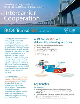 Providing Security, Simplicity,
     Reliability, and Ultimate Interoperability


to   Intercarrier
     Cooperation
                                                                            *
                                                                                The product functionality will be further enhanced in 2012




     ALOE Transit SBC revision 1                                                  *



     As most global telecommunications
     service providers are steadily
                                                ALOE Transit SBC rev.1
     switching to IP due to its                 delivers the following functions:
     price-to-quality features and a wide          Secure entry point into the carrier’s VoIP network
     variety of services, the role of session      Network topology hiding
     border controllers is rapidly growing,        Centralized media tra c management
     as well as the scope of their functions.      Maintaining SIP-related NAT bindings
                                                   Access control
     Today an interconnect SBC is an
                                                   Protocol and codec interworking
     important part of the carrier’s
     network, responsible for secure and
     controlled IP connections across IP
                                                                 Peering
     network borders, media processing,                          partners                          IP carrier’s
     call routing, signaling manipulation,                                                         network
     etc. Thus, a modern interconnect SBC
     incorporates network management,
     interconnection, and control
     functions.
                                                   Peering exchange                                              Internet
     ALOE TRANSIT SBC rev.1 combines
     security, media management, and
     transcoding services in a single,
     highly scalable device. It is
     designed to be placed at the
                                                Key bene ts:
     border of carrier's networks and           Network security
     provide an intelligent                       Network topology hiding. E cient hiding of the carrier’s network
                                                  topology from peering partners to enable information security (IP
     interconnection between partners,
                                                  address, etc).
     at the same time performing                  Call authorization by IP address or user name and password based on
     media anchoring thus maximizing              data from internal system’s con gurations.
     bandwidth utilization.                       Ability to control CPS/RPS value from the carrier’s network
 