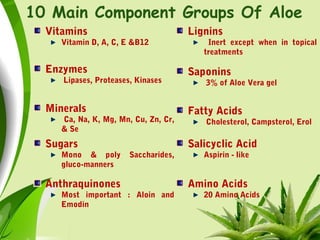 10 Main Component Groups Of Aloe
Vitamins
Vitamin D, A, C, E &B12
Lignins
Inert except when in topical
treatments
Enzymes
Lipases, Proteases, Kinases
Saponins
3% of Aloe Vera gel
Minerals
Ca, Na, K, Mg, Mn, Cu, Zn, Cr,
& Se
Fatty Acids
Cholesterol, Campsterol, Erol
Sugars
Mono & poly Saccharides,
gluco-manners
Salicyclic Acid
Aspirin - like
Anthraquinones
Most important : Aloin and
Emodin
Amino Acids
20 Amino Acids
 