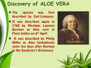 Discovery of ALOE VERA
The species was first
described by Carl Linnaues
It was described again in
1768 by Nicolaas Laurens
Burman as Aloe vera in
Flora Indica on 6th
April
It was described by Philip
Miller as Aloe barbadensis
some ten days after Burman
in the Gardener’s Dictionary
 