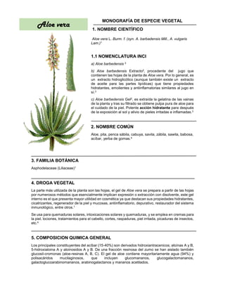 MONOGRAFÍA DE ESPECIE VEGETAL
1. NOMBRE CIENTÍFICO
Aloe vera L. Burm. f. (syn. A. barbadensis Mill., A. vulgaris
Lam.)1
1.1 NOMENCLATURA INCI
a) Aloe barbedensis 2
b) Aloe barbedensis Extracto2, procedente del jugo que
contienen las hojas de la planta de Aloe vera. Por lo general, es
un extracto hidroglicólico (aunque también existe un extracto
de aceite para las partes lipídicas) que tiene propiedades
hidratantes, emolientes y antiinflamatorias similares al jugo en
sí.3
c) Aloe barbedensis Gel2, es extraída la gelatina de las vainas
de la planta y tras su filtrado se obtiene pulpa pura de aloe para
el cuidado de la piel. Potente acción hidratante para después
de la exposición al sol y alivio de pieles irritadas e inflamadas.3
2. NOMBRE COMÚN
Aloe, pita, penca sábila, cabuya, savila, zábila, sawila, babosa,
acíbar, yerba de gomas.4
3. FAMILIA BOTÁNICA
Asphodelaceae (Liliaceae)1
4. DROGA VEGETAL
La parte más utilizada de la planta son las hojas, el gel de Aloe vera se prepara a partir de las hojas
por numerosos métodos que esencialmente implican expresión o extracción con disolvente, este gel
interno es el que presenta mayor utilidad en cosmética ya que destacan sus propiedades hidratantes,
cicatrizantes, regenerador de la piel y mucosas, antiinflamatorio, depurativo, restaurador del sistema
inmunológico, entre otros.1
Se usa para quemaduras solares, intoxicaciones solares y quemaduras, y se emplea en cremas para
la piel, lociones, tratamientos para el cabello, cortes, raspaduras, piel irritada, picaduras de insectos,
etc.4
5. COMPOSICION QUIMICA GENERAL
Los principales constituyentes del acíbar (15-40%) son derivados hidroxiantracenicos; aloínas A y B,
5-hidroxialoina A y aloinosidos A y B. De una fracción resinosa del zumo se han aislado también
glucosil-cromonas (aloe-resinas A, B, C). El gel de aloe contiene mayoritariamente agua (94%) y
polisacáridos mucilaginosos, que incluyen glucomananos, glucogalactomananos,
galactoglucoarabinomananos, arabinogalactanos y mananos acetilados.
Aloe vera
 