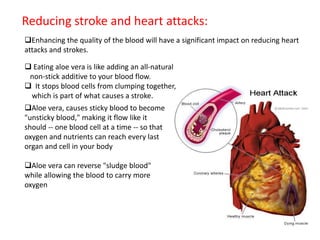 Reducing stroke and heart attacks:
Enhancing the quality of the blood will have a significant impact on reducing heart
attacks and strokes.
 Eating aloe vera is like adding an all-natural
non-stick additive to your blood flow.
 It stops blood cells from clumping together,
which is part of what causes a stroke.
Aloe vera, causes sticky blood to become
"unsticky blood," making it flow like it
should -- one blood cell at a time -- so that
oxygen and nutrients can reach every last
organ and cell in your body
Aloe vera can reverse "sludge blood"
while allowing the blood to carry more
oxygen
 