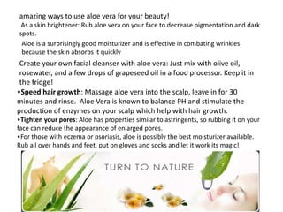 amazing ways to use aloe vera for your beauty!
As a skin brightener: Rub aloe vera on your face to decrease pigmentation and dark
spots.
Aloe is a surprisingly good moisturizer and is effective in combating wrinkles
because the skin absorbs it quickly
Create your own facial cleanser with aloe vera: Just mix with olive oil,
rosewater, and a few drops of grapeseed oil in a food processor. Keep it in
the fridge!
•Speed hair growth: Massage aloe vera into the scalp, leave in for 30
minutes and rinse. Aloe Vera is known to balance PH and stimulate the
production of enzymes on your scalp which help with hair growth.
•Tighten your pores: Aloe has properties similar to astringents, so rubbing it on your
face can reduce the appearance of enlarged pores.
•For those with eczema or psoriasis, aloe is possibly the best moisturizer available.
Rub all over hands and feet, put on gloves and socks and let it work its magic!
 