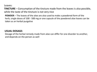 Leaves:
TINCTURE – Consumption of the tincture made from the leaves is also possible,
while the taste of the tincture is not very nice
POWDER – The leaves of the aloe are also used to make a powdered form of the
herb, single doses of 100 - 500 mg or one capsule of the powdered aloe leaves can be
taken as an herbal purgative
USUAL DOSAGE:
Dosage of the herbal remedy made from aloe can differ for one disorder to another,
and depends on the person as well
 