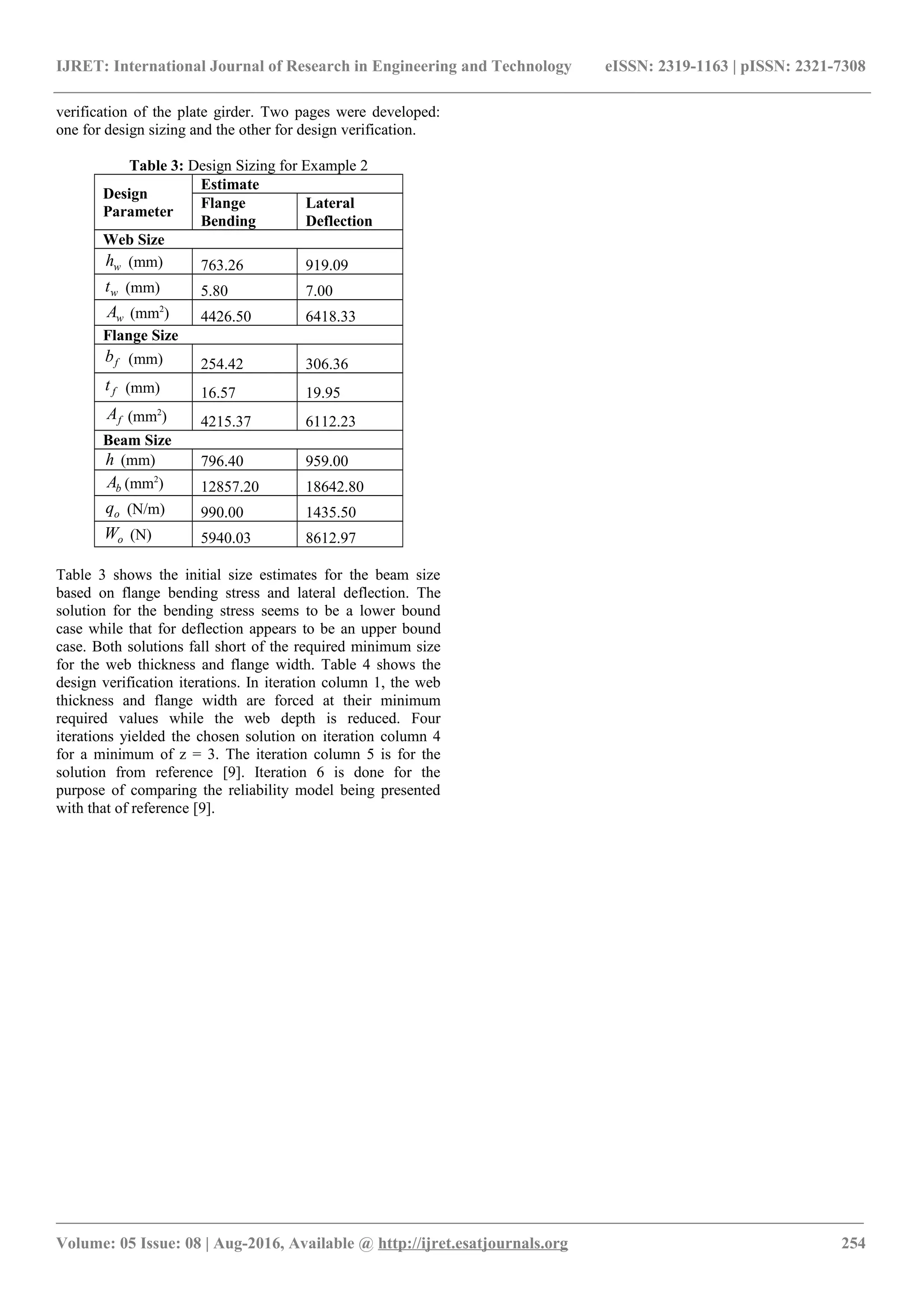 IJRET: International Journal of Research in Engineering and Technology eISSN: 2319-1163 | pISSN: 2321-7308
verification of the plate girder. Two pages were developed:
one for design sizing and the other for design verification.
Table 3: Design Sizing for Example 2
Design
Parameter
Estimate
Flange
Bending
Lateral
Deflection
Web Size
wh (mm) 763.26 919.09
wt (mm) 5.80 7.00
wA (mm2
) 4426.50 6418.33
Flange Size
fb (mm) 254.42 306.36
ft (mm) 16.57 19.95
fA (mm2
) 4215.37 6112.23
Beam Size
h (mm) 796.40 959.00
bA (mm2
) 12857.20 18642.80
oq (N/m) 990.00 1435.50
oW (N) 5940.03 8612.97
Table 3 shows the initial size estimates for the beam size
based on flange bending stress and lateral deflection. The
solution for the bending stress seems to be a lower bound
case while that for deflection appears to be an upper bound
case. Both solutions fall short of the required minimum size
for the web thickness and flange width. Table 4 shows the
design verification iterations. In iteration column 1, the web
thickness and flange width are forced at their minimum
required values while the web depth is reduced. Four
iterations yielded the chosen solution on iteration column 4
for a minimum of z = 3. The iteration column 5 is for the
solution from reference [9]. Iteration 6 is done for the
purpose of comparing the reliability model being presented
with that of reference [9].
________________________________________________________________________________________________________
Volume: 05 Issue: 08 | Aug-2016, Available @ http://ijret.esatjournals.org 254
 