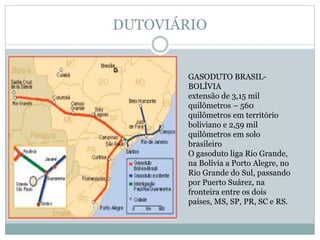 DUTOVIÁRIO
GASODUTO BRASIL-
BOLÍVIA
extensão de 3,15 mil
quilômetros – 560
quilômetros em território
boliviano e 2,59 mil
quilômetros em solo
brasileiro
O gasoduto liga Rio Grande,
na Bolívia a Porto Alegre, no
Rio Grande do Sul, passando
por Puerto Suárez, na
fronteira entre os dois
países, MS, SP, PR, SC e RS.
 