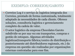 EXEMPLO: CORREIOS/GAROTO
 Correios Log é o serviço de logística integrada dos
Correios, prestado de forma customizada, totalmente
adaptado às necessidades de cada cliente. Oferece
soluções, consultoria logística e gerenciamento
completo da cadeia de valor.
 O setor logístico da empresa Chocolates Garoto
subdivide-se por sua vez em transportes, compras e
gestão de estoques. Algumas atividades
logísticas(transporte fábrica/centro de distribuição e
posteriormente até distribuidores regionais, etc.) da
empresa em questão são realizadas por organizações
externas contratadas para esse fim.
 