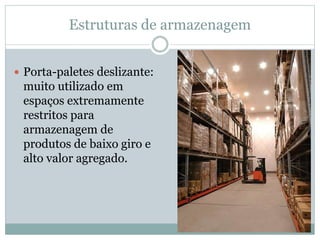 Estruturas de armazenagem
 Porta-paletes deslizante:
muito utilizado em
espaços extremamente
restritos para
armazenagem de
produtos de baixo giro e
alto valor agregado.
 