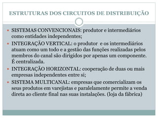 ESTRUTURAS DOS CIRCUITOS DE DISTRIBUIÇÃO
 SISTEMAS CONVENCIONAIS: produtor e intermediários
como entidades independentes;
 INTEGRAÇÃO VERTICAL: o produtor e os intermediários
atuam como um todo e a gestão das funções realizadas pelos
membros do canal são dirigidos por apenas um componente.
É centralizada.
 INTEGRAÇÃO HORIZONTAL: cooperação de duas ou mais
empresas independentes entre si;
 SISTEMA MULTICANAL: empresas que comercializam os
seus produtos em varejistas e paralelamente permite a venda
direta ao cliente final nas suas instalações. (loja da fábrica)
 