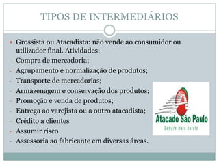 TIPOS DE INTERMEDIÁRIOS
 Grossista ou Atacadista: não vende ao consumidor ou
utilizador final. Atividades:
- Compra de mercadoria;
- Agrupamento e normalização de produtos;
- Transporte de mercadorias;
- Armazenagem e conservação dos produtos;
- Promoção e venda de produtos;
- Entrega ao varejista ou a outro atacadista;
- Crédito a clientes
- Assumir risco
- Assessoria ao fabricante em diversas áreas.
 