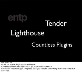 Tender
                     Lighthouse
                                   Countless Plugins

Tuesday, October 6, 2009

ent...