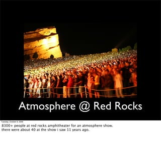 Atmosphere @ Red Rocks
Tuesday, October 6, 2009

8300+ people at red rocks amphitheater for an atmosphere show.
there were...