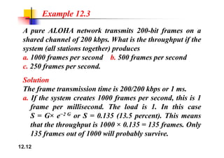 Example 12.3
A pure ALOHA network transmits 200-bit frames on a
shared channel of 200 kbps. What is the throughput if the
f p g p f
system (all stations together) produces
a. 1000 frames per second b. 500 frames per second
f p f p
c. 250 frames per second.
Solution
Solution
The frame transmission time is 200/200 kbps or 1 ms.
a If the system creates 1000 frames per second this is 1
a. If the system creates 1000 frames per second, this is 1
frame per millisecond. The load is 1. In this case
S = G× e−2 G or S = 0 135 (13 5 percent) This means
S = G× e 2 G or S = 0.135 (13.5 percent). This means
that the throughput is 1000 × 0.135 = 135 frames. Only
135 frames out of 1000 will probably survive
12.12
135 frames out of 1000 will probably survive.
 