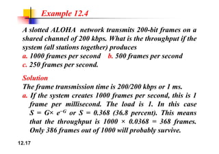 Example 12.4
A slotted ALOHA network transmits 200-bit frames on a
shared channel of 200 kbps. What is the throughput if the
f p g p f
system (all stations together) produces
a. 1000 frames per second b. 500 frames per second
f p f p
c. 250 frames per second.
Solution
Solution
The frame transmission time is 200/200 kbps or 1 ms.
a If the system creates 1000 frames per second this is 1
a. If the system creates 1000 frames per second, this is 1
frame per millisecond. The load is 1. In this case
S = G× e−G or S = 0 368 (36 8 percent) This means
S = G× e G or S = 0.368 (36.8 percent). This means
that the throughput is 1000 × 0.0368 = 368 frames.
Only 386 frames out of 1000 will probably survive
12.17
Only 386 frames out of 1000 will probably survive.
 