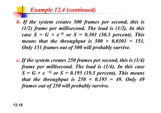 Example 12.4 (continued)
b. If the system creates 500 frames per second, this is
(1/2) frame per millisecond. The load is (1/2). In this
( ) f p ( )
case S = G × e−G or S = 0.303 (30.3 percent). This
means that the throughput is 500 × 0.0303 = 151.
g p
Only 151 frames out of 500 will probably survive.
c. If the system creates 250 frames per second, this is (1/4)
frame per millisecond. The load is (1/4). In this case
f p
S = G × e −G or S = 0.195 (19.5 percent). This means
that the throughput is 250 × 0.195 = 49. Only 49
g p y
frames out of 250 will probably survive.
12.18
 