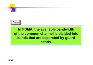 Note
In FDMA, the available bandwidth
f th h l i di id d i t
of the common channel is divided into
bands that are separated by guard
bands.
12.39
 