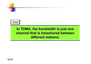 Note
In TDMA, the bandwidth is just one
h l th t i ti h d b t
channel that is timeshared between
different stations.
12.41
 