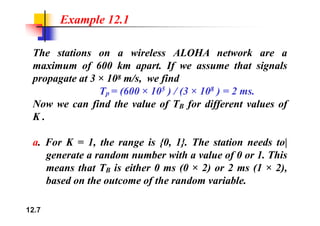 Example 12.1
The stations on a wireless ALOHA network are a
maximum of 600 km apart. If we assume that signals
propagate at 3 × 108 m/s, we find
(6 5 ) ( 8 )
Tp = (600 × 105 ) / (3 × 108 ) = 2 ms.
Now we can find the value of TB for different values of
K .
F K 1 h i {0 1} Th i d |
a. For K = 1, the range is {0, 1}. The station needs to|
generate a random number with a value of 0 or 1. This
h T i i h 0 (0 2) 2 (1 2)
means that TB is either 0 ms (0 × 2) or 2 ms (1 × 2),
based on the outcome of the random variable.
12.7
 