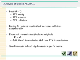 • Best (G = 1):
– 37% empty
– 37% success
– 26% collisions
• Raising G, reduces empties but increases collisions
exponentially
• Expected transmissions (includes original)
E = eG
– G=0, then 1 transmission; G=1 then 2*X transmissions.
• Small increase in load, big decrease in performance.
..Analysis of Slotted ALOHA…
 