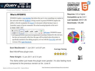 h`p://wordpress.org/extend/plugins/front-­‐end-­‐editor/
jQuery	
  conference	
  Europe	
  2012	
  -­‐	
  Haymo	
  Meran
 