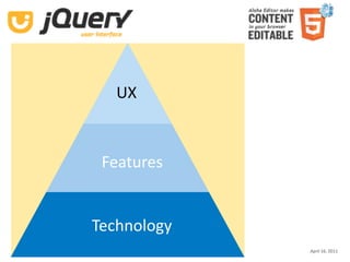 UX


                                            Features


                                       Technology
Aloha Editor  at  jQuery conf  2011 ‐ Haymo Meran        April 16, 2011
 