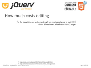 How much costs ediKng
                          for the calculation we us the numbers from en.wikipedia.org in sept 2010
                                                      about 35,000 users edited more than 5 pages




                            1) http://stats.wikimedia.org/EN/TablesWikipediaEN.htm
                            2) http://en.wikipedia.org/wiki/Wikipedia:Time_management
Aloha Editor  at  jQuery conf  2011 ‐ Haymo Meran                                                    April 16, 2011
 