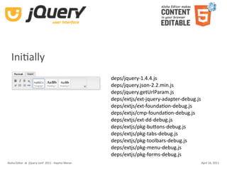 IniKally
                                                    deps/jquery‐1.4.4.js
                                                    deps/jquery.json‐2.2.min.js
                                                    deps/jquery.getUrlParam.js
                                                    deps/extjs/ext‐jquery‐adapter‐debug.js
                                                    deps/extjs/ext‐foundaKon‐debug.js
                                                    deps/extjs/cmp‐foundaKon‐debug.js
                                                    deps/extjs/ext‐dd‐debug.js
                                                    deps/extjs/pkg‐buUons‐debug.js
                                                    deps/extjs/pkg‐tabs‐debug.js
                                                    deps/extjs/pkg‐toolbars‐debug.js
                                                    deps/extjs/pkg‐menu‐debug.js
                                                    deps/extjs/pkg‐forms‐debug.js
Aloha Editor  at  jQuery conf  2011 ‐ Haymo Meran                                            April 16, 2011
 