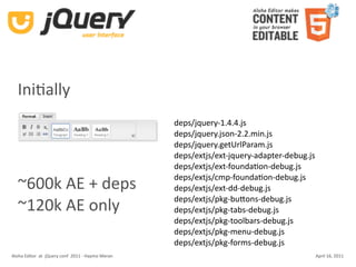 IniKally
                                                    deps/jquery‐1.4.4.js
                                                    deps/jquery.json‐2.2.min.js
                                                    deps/jquery.getUrlParam.js
                                                    deps/extjs/ext‐jquery‐adapter‐debug.js
                                                    deps/extjs/ext‐foundaKon‐debug.js
                                                    deps/extjs/cmp‐foundaKon‐debug.js
  ~600k AE + deps                                   deps/extjs/ext‐dd‐debug.js
                                                    deps/extjs/pkg‐buUons‐debug.js
  ~120k AE only                                     deps/extjs/pkg‐tabs‐debug.js
                                                    deps/extjs/pkg‐toolbars‐debug.js
                                                    deps/extjs/pkg‐menu‐debug.js
                                                    deps/extjs/pkg‐forms‐debug.js
Aloha Editor  at  jQuery conf  2011 ‐ Haymo Meran                                            April 16, 2011
 
