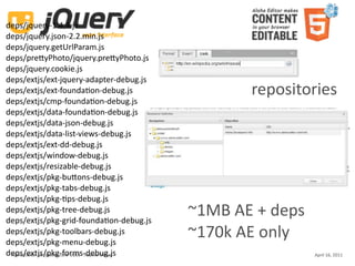 deps/jquery‐1.4.4.js
deps/jquery.json‐2.2.min.js
deps/jquery.getUrlParam.js
deps/preUyPhoto/jquery.preUyPhoto.js
deps/jquery.cookie.js
deps/extjs/ext‐jquery‐adapter‐debug.js
deps/extjs/ext‐foundaKon‐debug.js                           repositories
deps/extjs/cmp‐foundaKon‐debug.js
deps/extjs/data‐foundaKon‐debug.js
deps/extjs/data‐json‐debug.js
deps/extjs/data‐list‐views‐debug.js
deps/extjs/ext‐dd‐debug.js
deps/extjs/window‐debug.js
deps/extjs/resizable‐debug.js
deps/extjs/pkg‐buUons‐debug.js
deps/extjs/pkg‐tabs‐debug.js
deps/extjs/pkg‐Kps‐debug.js
deps/extjs/pkg‐tree‐debug.js
deps/extjs/pkg‐grid‐foundaKon‐debug.js
                                                     ~1MB AE + deps
deps/extjs/pkg‐toolbars‐debug.js
deps/extjs/pkg‐menu‐debug.js
                                                     ~170k AE only
deps/extjs/pkg‐forms‐debug.js
 Aloha Editor  at  jQuery conf  2011 ‐ Haymo Meran                    April 16, 2011
 