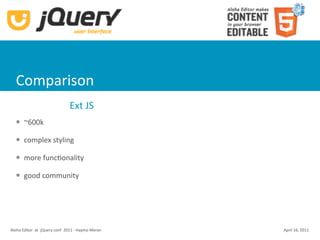 Comparison
                               Ext JS
      ~600k

      complex styling

      more funcKonality

      good community




Aloha Editor  at  jQuery conf  2011 ‐ Haymo Meran   April 16, 2011
 
