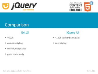 Comparison
                               Ext JS                                  jQuery Ui
      ~600k                                           ~120k (Richard says 85k)

      complex styling                                 easy styling

      more funcKonality

      good community




Aloha Editor  at  jQuery conf  2011 ‐ Haymo Meran                                  April 16, 2011
 