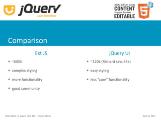 Comparison
                               Ext JS                                  jQuery Ui
      ~600k                                           ~120k (Richard says 85k)

      complex styling                                 easy styling

      more funcKonality                               less “core” funcKonality

      good community




Aloha Editor  at  jQuery conf  2011 ‐ Haymo Meran                                  April 16, 2011
 
