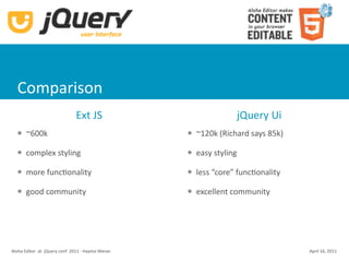 Comparison
                               Ext JS                                  jQuery Ui
      ~600k                                           ~120k (Richard says 85k)

      complex styling                                 easy styling

      more funcKonality                               less “core” funcKonality

      good community                                  excellent community




Aloha Editor  at  jQuery conf  2011 ‐ Haymo Meran                                  April 16, 2011
 