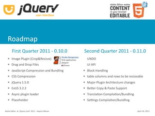 Roadmap
       First Quarter 2011 ‐ 0.10.0                  Second Quarter 2011 ‐ 0.11.0
      Image Plugin (Crop&Resisze)                     UNDO
      Drag and Drop Files                             UI API
      JavaScript Compression and Bundling             Block Handling
      CSS Compression                                 table columns and rows to be resizeable
      jQuery 1.5.0                                    Major Plugin Architecture changes
      ExtJS 3.2.2                                     BeUer Copy & Paste Support
      Async plugin loader                             TranslaKon CompilaKon/Bundling
      Placeholder                                     Se{ngs CompilaKon/Bundling


Aloha Editor  at  jQuery conf  2011 ‐ Haymo Meran                                           April 16, 2011
 