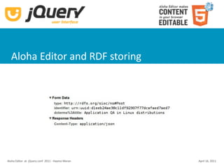 Aloha Editor and RDF storing




Aloha Editor  at  jQuery conf  2011 ‐ Haymo Meran   April 16, 2011
 