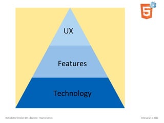 UX


                                                                         Features


                                                                        Technology

Aloha	
  Editor	
  DevCon	
  2011	
  keynote	
  -­‐	
  Haymo	
  Meran                February	
  13,	
  2011
 
