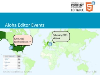 Aloha	
  Editor	
  Events
                                                                        February	
  2011
                         June	
  2011                                   Vienna
                         San	
  Francisco	
  ??




Aloha	
  Editor	
  DevCon	
  2011	
  keynote	
  -­‐	
  Haymo	
  Meran                      February	
  13,	
  2011
 