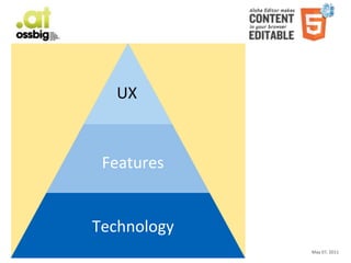 UX


                                                                      Features


                                                                Technology
Aloha	
  Editor	
  	
  at	
  ossbig	
  .11	
  -­‐	
  Haymo	
  Meran              May	
  07,	
  2011
 