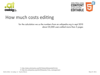 How	
  much	
  costs	
  ediCng
                                           for the calculation we us the numbers from en.wikipedia.org in sept 2010
                                                                       about 35,000 users edited more than 5 pages




                                               1) http://stats.wikimedia.org/EN/TablesWikipediaEN.htm
                                               2) http://en.wikipedia.org/wiki/Wikipedia:Time_management
Aloha	
  Editor	
  	
  at	
  ossbig	
  .11	
  -­‐	
  Haymo	
  Meran                                                   May	
  07,	
  2011
 