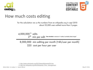 How	
  much	
  costs	
  ediCng
                                           for the calculation we us the numbers from en.wikipedia.org in sept 2010
                                                                       about 35,000 users edited more than 5 pages



                                              4,000,000 1) edits
                                                      2 2) min per edit “two minutes to execute. In reality it probably takes longer”

                                                  8,000,000 min editing per month (≈4h/user per month)
                                                        $25 cost per hour per user




                                               1) http://stats.wikimedia.org/EN/TablesWikipediaEN.htm
                                               2) http://en.wikipedia.org/wiki/Wikipedia:Time_management
Aloha	
  Editor	
  	
  at	
  ossbig	
  .11	
  -­‐	
  Haymo	
  Meran                                                                     May	
  07,	
  2011
 