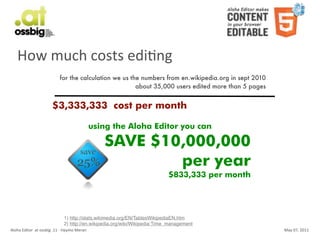 How	
  much	
  costs	
  ediCng
                                           for the calculation we us the numbers from en.wikipedia.org in sept 2010
                                                                       about 35,000 users edited more than 5 pages


                                     $3,333,333 cost per month

                                                                      using the Aloha Editor you can

                                                                         SAVE $10,000,000
                                                                                 per year
                                                                                             $833,333 per month




                                               1) http://stats.wikimedia.org/EN/TablesWikipediaEN.htm
                                               2) http://en.wikipedia.org/wiki/Wikipedia:Time_management
Aloha	
  Editor	
  	
  at	
  ossbig	
  .11	
  -­‐	
  Haymo	
  Meran                                                   May	
  07,	
  2011
 